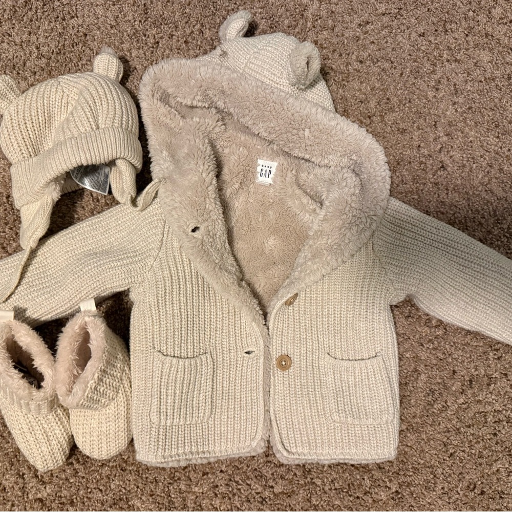 GAP Cream Knit Baby Hooded Cardigan Set with Hat & Booties